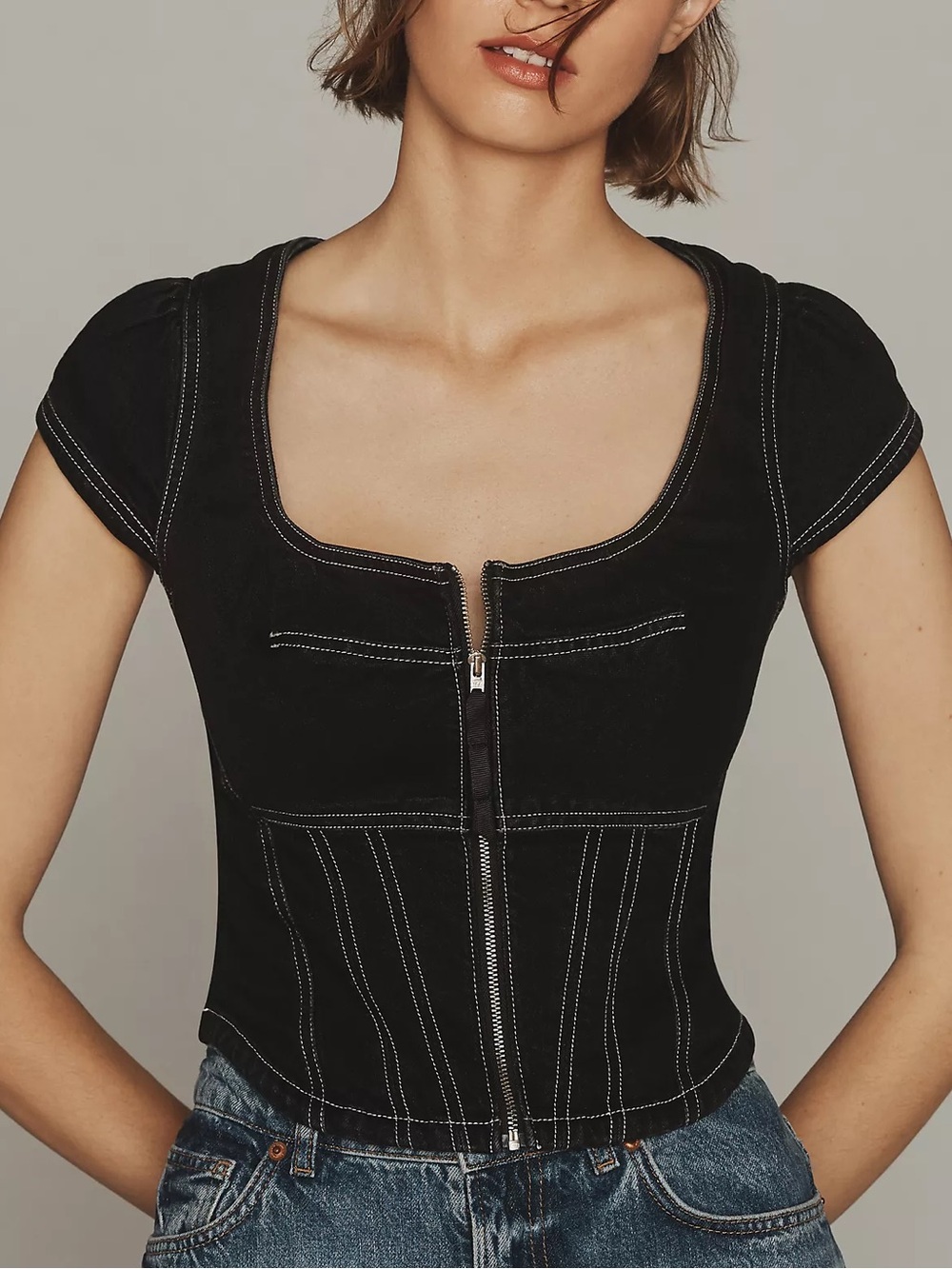 Anthropologie Pilcro Contrast Stitch Corset Cropped Shirt Top Large Black Denim